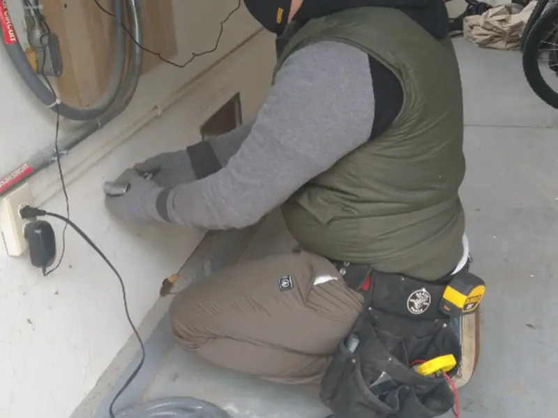 Electrician performing outlet wiring in a Monfort Heights garage